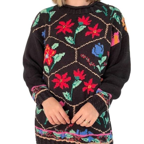 Vintage 1980s Hunt Club Hand Knit Floral Embroidered Oversized Grandma Sweater - Picture 5 of 7